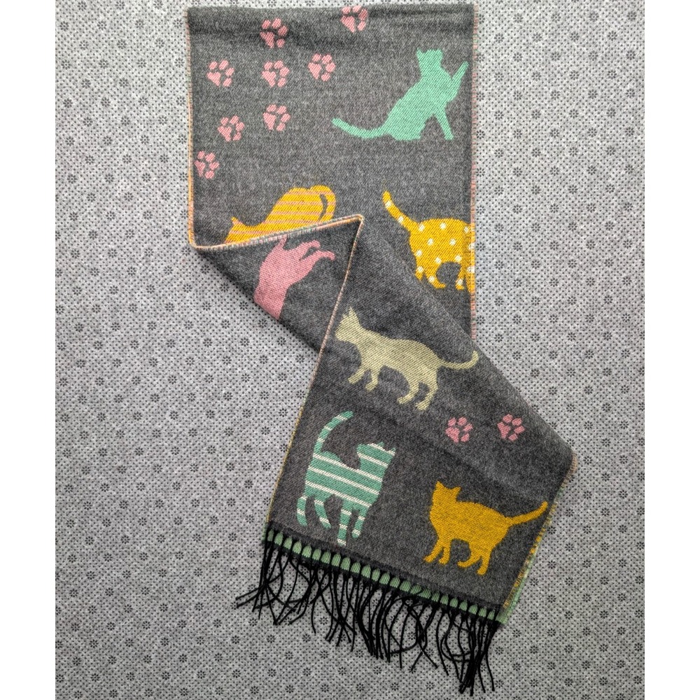 Curious Cat Scarf - Molina by Jimmy Hourihan - Multicolor Cats Paws Fun Fringe